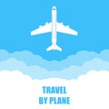 Airplane travel banner. Flying plane in the blue sky with clouds. Travel by plane poster or background. Vector illustration. Royalty Free Stock Photo